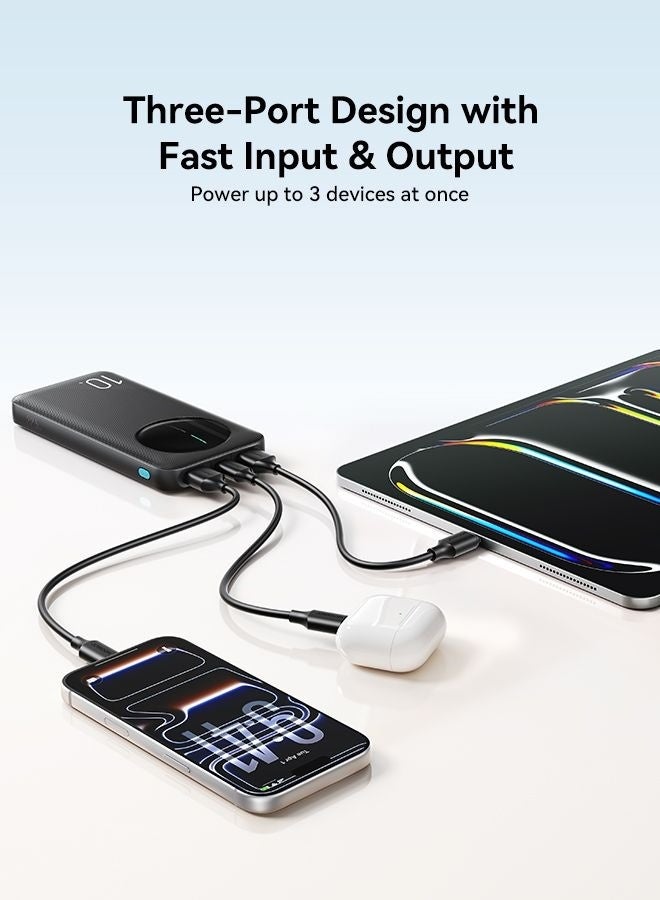 10000 mAh PBF12 PRO LED Fast Charging Power Bank 10000mAh – 22.5W Super Fast Portable Charger, Ultra Slim Lightweight Battery Pack, 3-Device Charging, USB-C PD Input Output, Low Current Mode for Earbuds & Smartwatches, Safe Charging for iPhone, Samsung Galaxy & Android - CE Certified Black