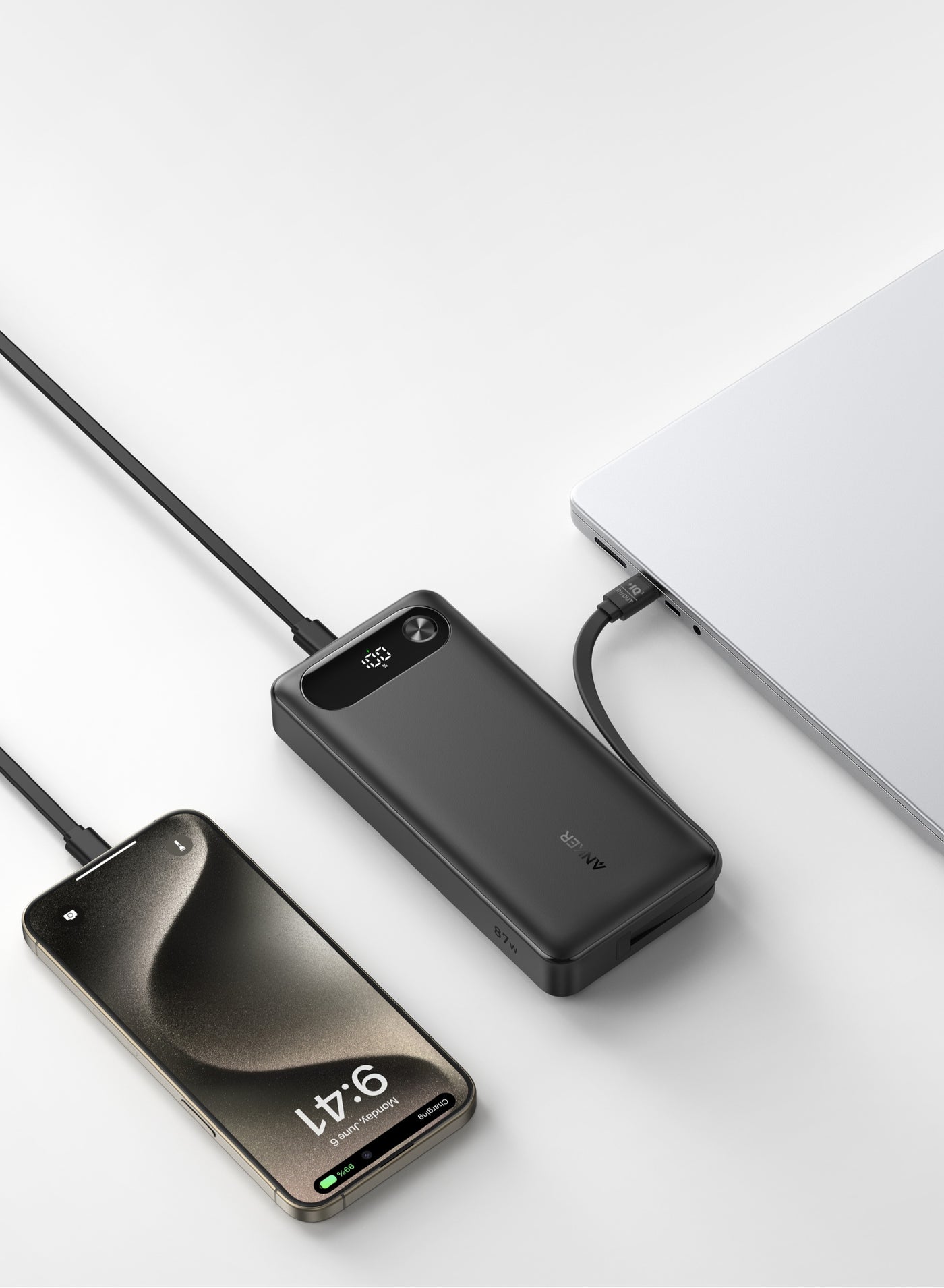 20000 mAh Power Bank 20,000 mAh, 87W Total Output with Built-in USB-C Cable & 1 USB-C and 1 USB-A Black