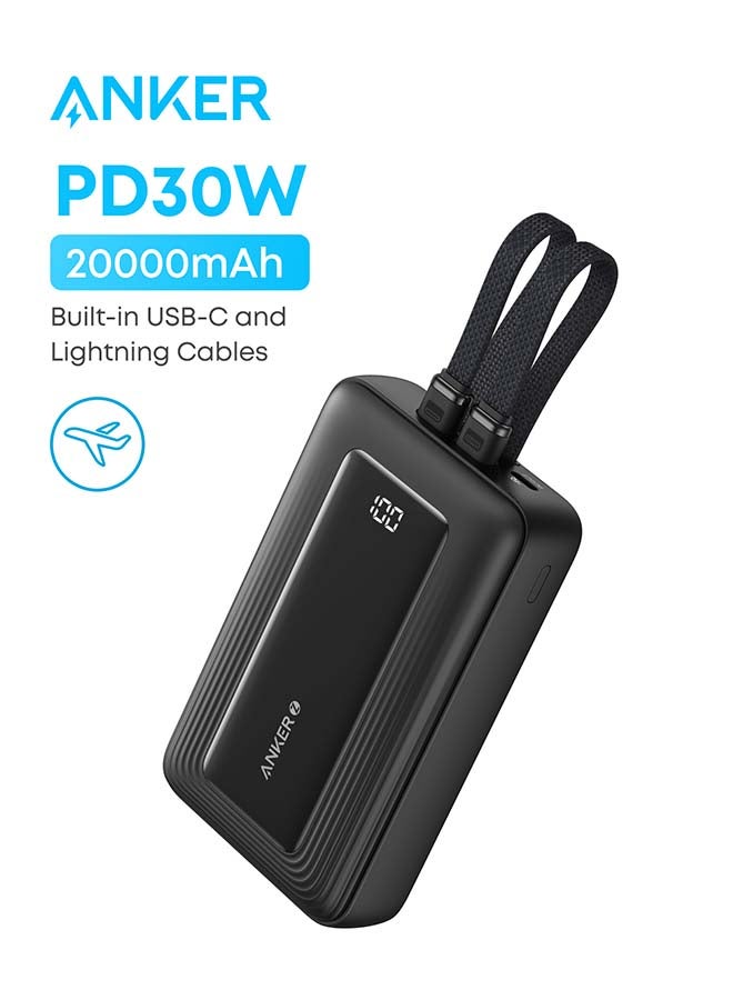 20000 mAh Anker Zolo Power Bank, 20,000mAh 30W Max Fast Portable Charger with Built-in USB-C and MFi Certified Lightning Cables, 1 USB-C, 1 USB-A, Battery Pack for iPhone 17/16/15/14/13 Series, Galaxy, and more (Black) Black