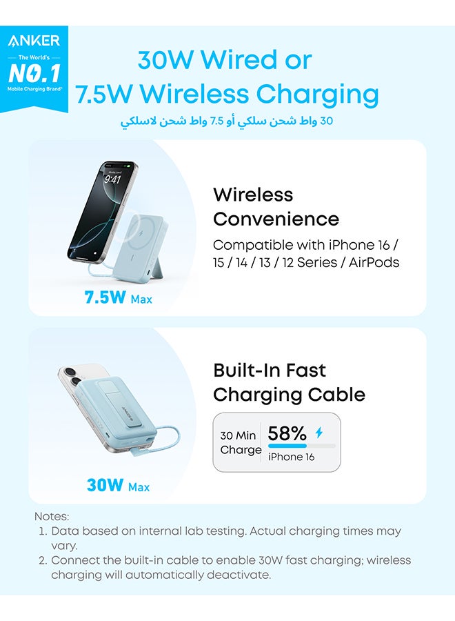 10000 mAh Anker Zolo Magnetic Power Bank, 10,000mAh Wireless Portable Charger with 30W Max Fast Charging, Battery Pack with Built-in USB-C Cable and Adjustable Stand, for iPhone 17/16/15/14/13/12 Series, AirPods, and More (Black) Black+Built-in USB-C Cable