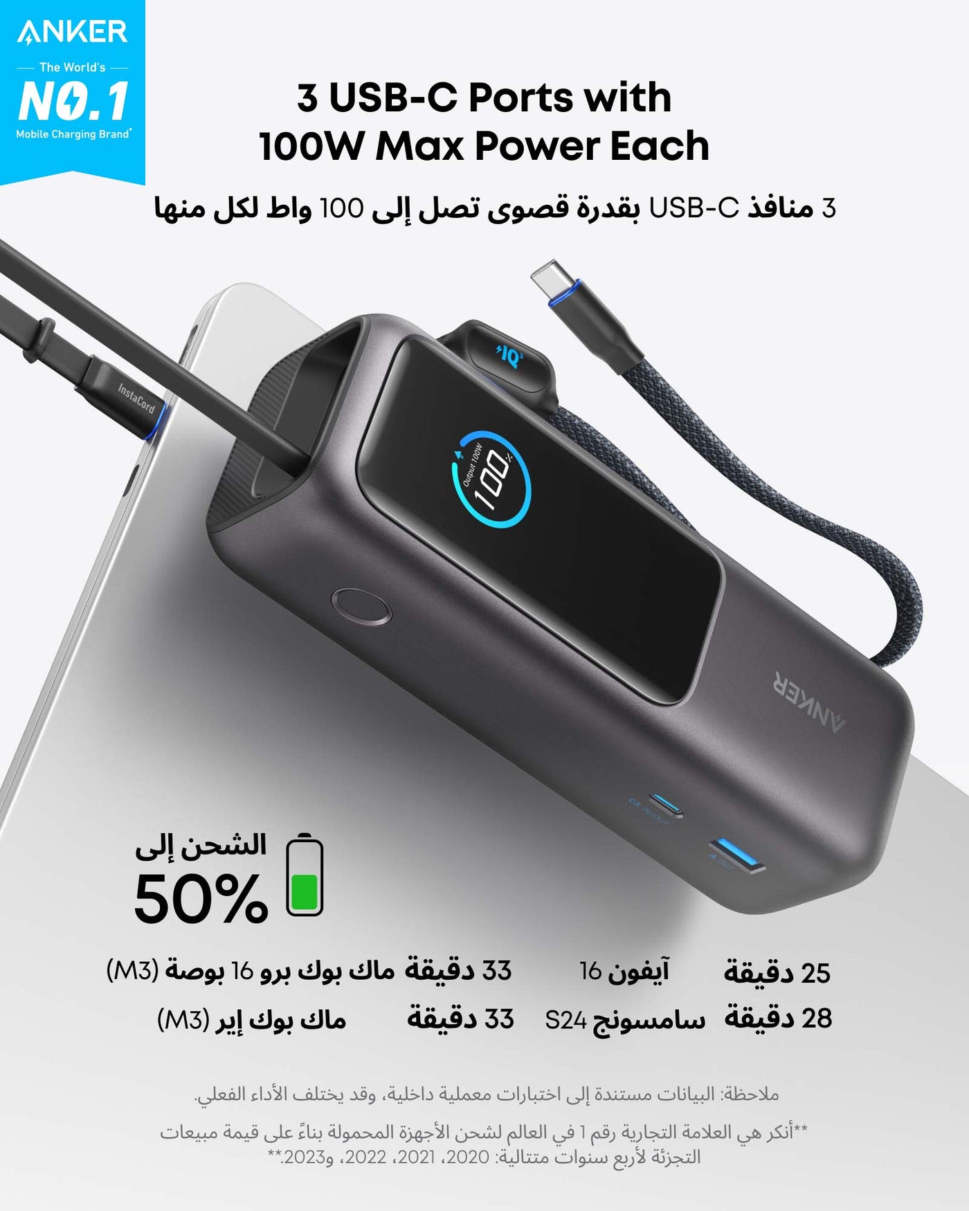 25000 mAh Anker Power Bank, 25,000mAh 165W Ultra-Fast Portable Charger for Dual Laptops, Fast Charging Battery Pack with Built-In and Retractable Cables, For iPhone 17/17 & More Series, Samsung, and More (Black) Black