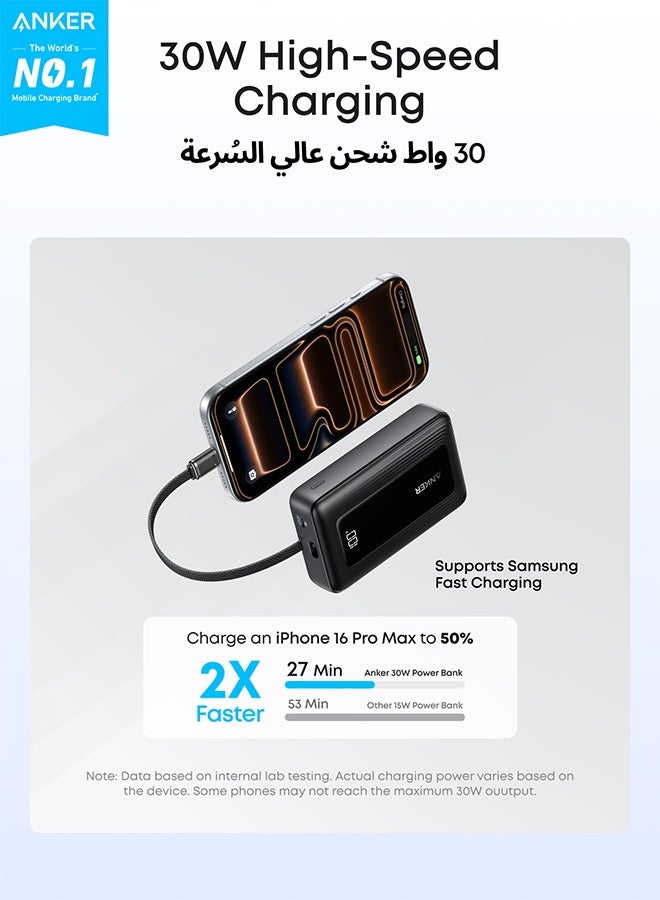 10000 mAh Zolo Power Bank, 10,000mAh 30W High-Speed Portable Charger with Built-In USB-C Cable, Battery Pack For iPhone 17/17 Air/17 Pro/17 Pro Max/16 Series, Galaxy, and More (Black, 10000 mAh) Black