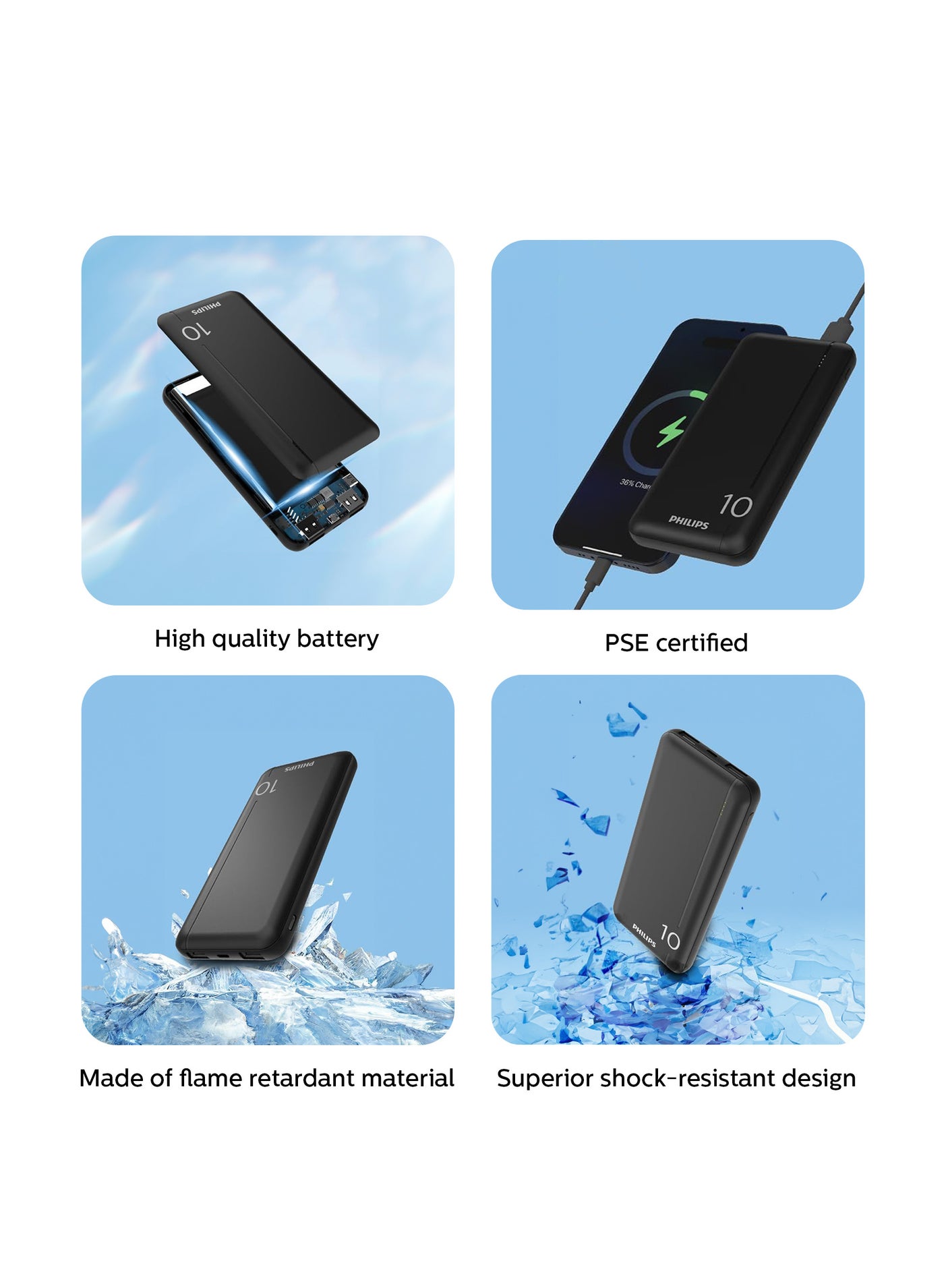 10000 mAh Battery Compact And Portable Power Bank, 20W, USB-A And USB-C Ports With LED Power Indicator - Black