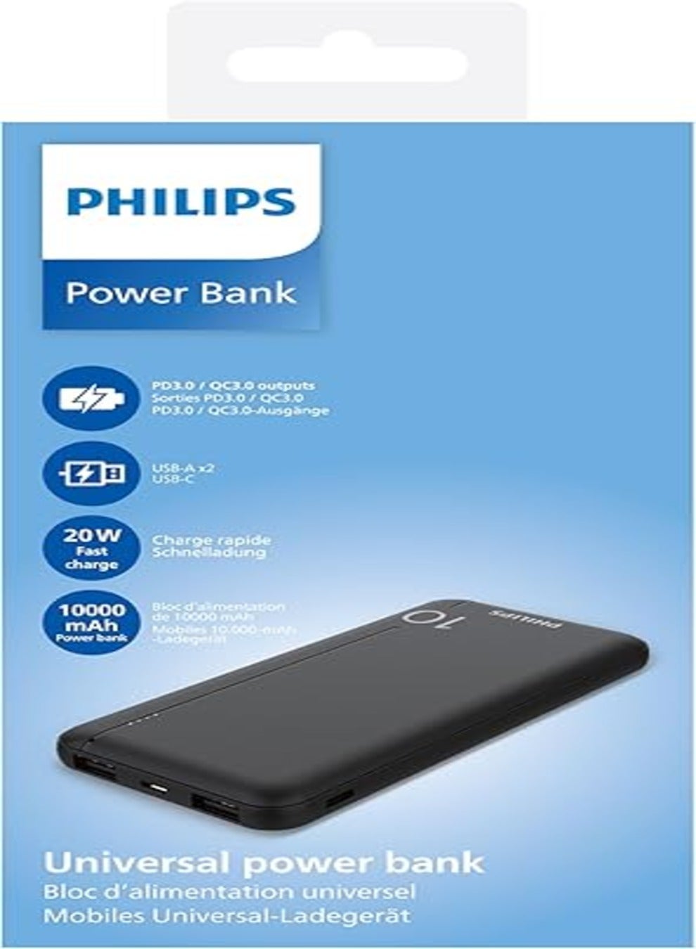 10000 mAh Battery Compact And Portable Power Bank, 20W, USB-A And USB-C Ports With LED Power Indicator - Black