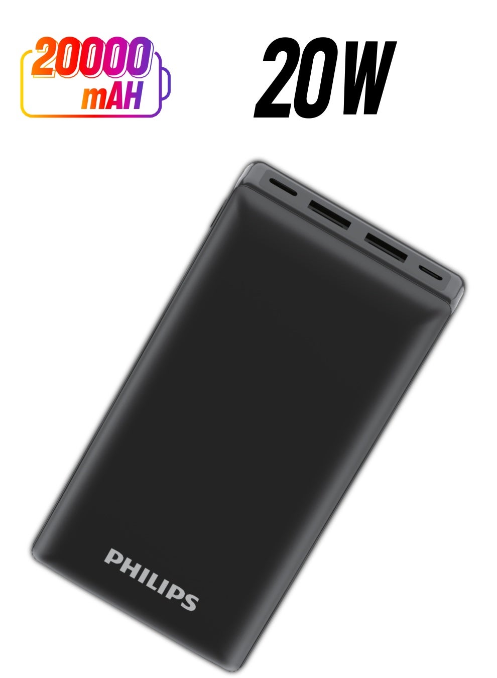 20000 mAh Battery Power Bank, 20W, USB-A And USB-C Ports For for Smartphones, Tablets, Airpods And USB-C Devices - Black