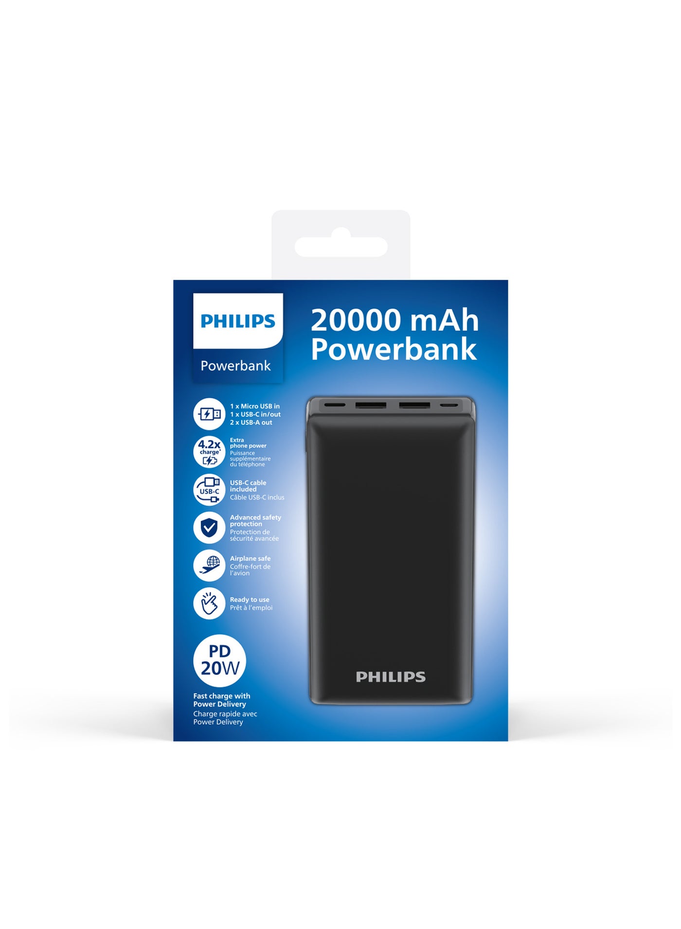 20000 mAh Battery Power Bank, 20W, USB-A And USB-C Ports For for Smartphones, Tablets, Airpods And USB-C Devices - Black