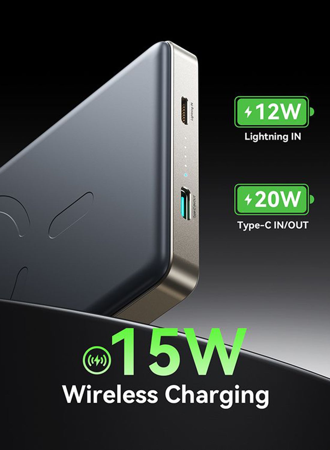 10000 mAh 20W Ultra-thin Metal Magnetic Wireless Type-C & Lighnting Power Bank Fast Charging Wireless Magnetic Power Bank Including a Type-C to Type-C 60W 0.25m Cable Titanium Silver