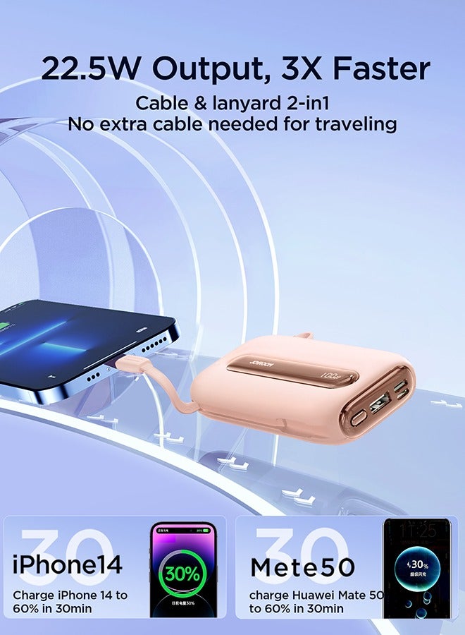 20000 mAh JR-L012 Plus 22.5W Ultra Fast Charging Mini Power Bank With Dual Cables Pink