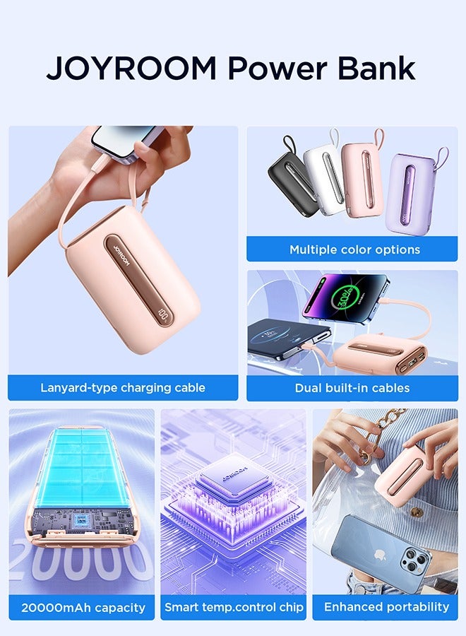 20000 mAh JR-L012 Plus 22.5W Ultra Fast Charging Mini Power Bank With Dual Cables Pink