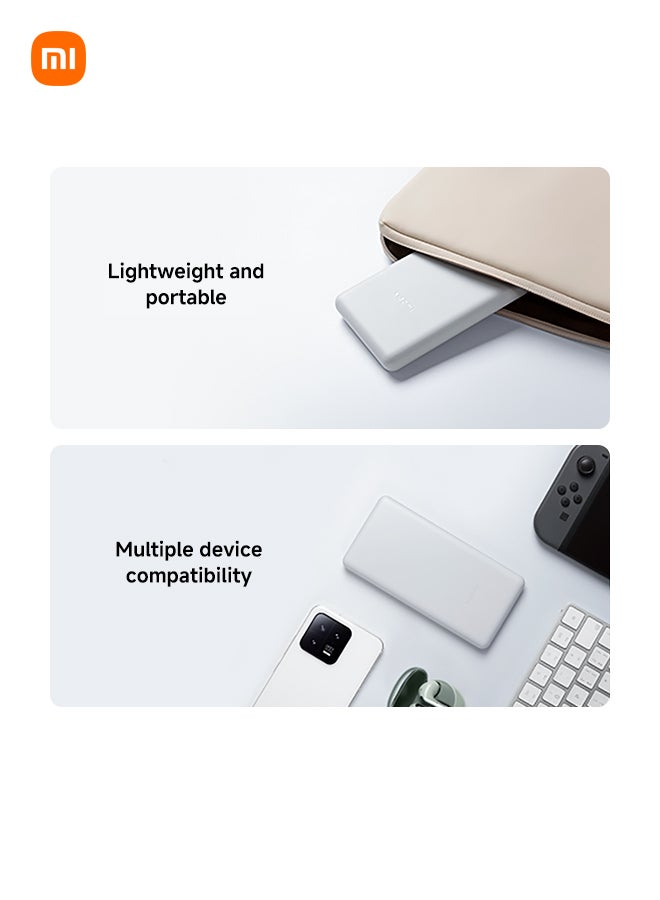 10000 mAh Power Bank Lite, 22.5W Fast Charging, USB-C & 2 USB Ports - Light Gray