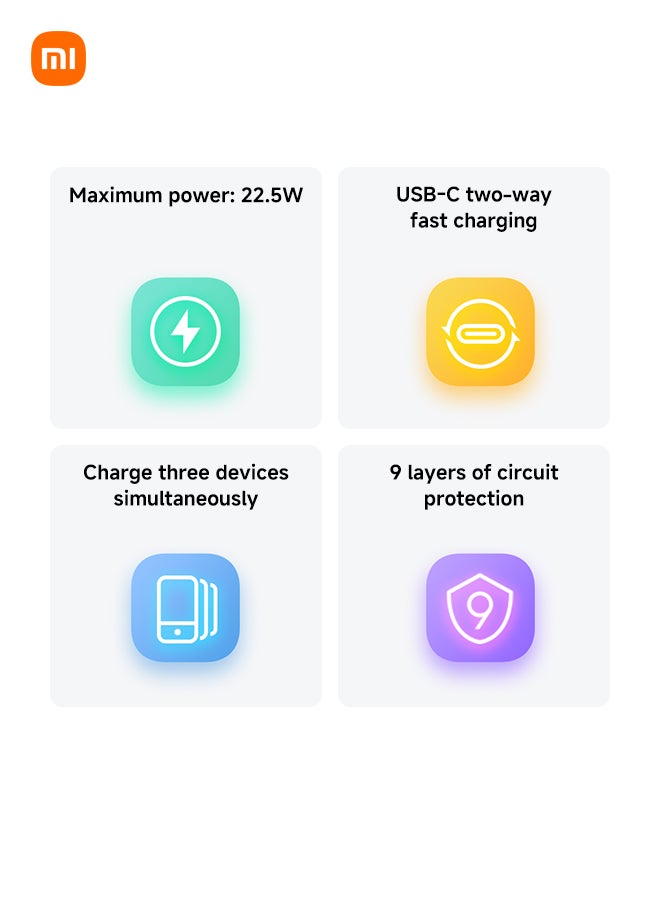 10000 mAh Power Bank Lite, 22.5W Fast Charging, USB-C & 2 USB Ports - Light Gray
