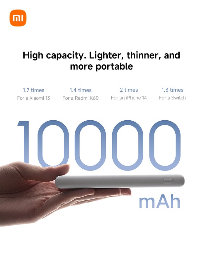 10000 mAh Power Bank Lite, 22.5W Fast Charging, USB-C & 2 USB Ports - Light Gray