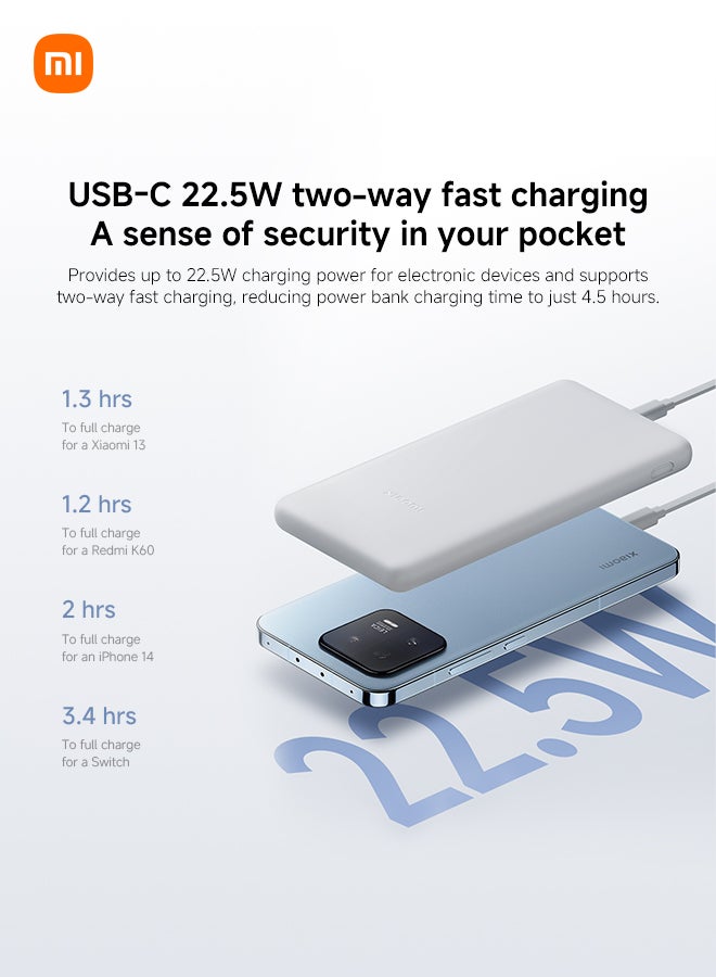 10000 mAh Power Bank Lite, 22.5W Fast Charging, USB-C & 2 USB Ports - Light Gray