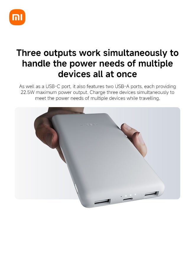 10000 mAh Power Bank Lite, 22.5W Fast Charging, USB-C & 2 USB Ports - Light Gray