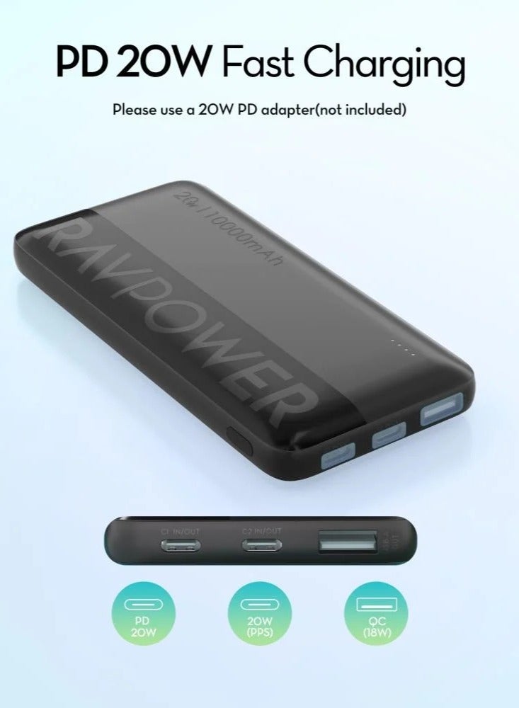 10000 mAh Portable Charger Power Bank 10000mAh 20W PD Fast Charging 22.5W USB-A 3-Port Battery Pack Charge 3 Devices Simultaneously for iPhone Samsung Galaxy RP-PB1228 black