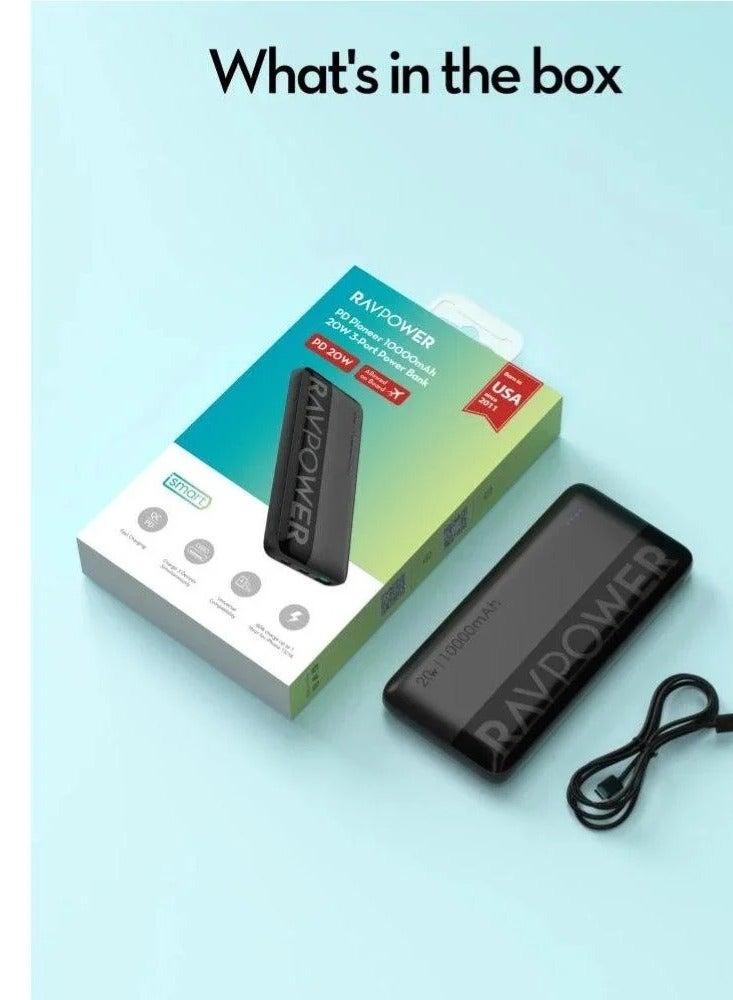 10000 mAh Portable Charger Power Bank 10000mAh 20W PD Fast Charging 22.5W USB-A 3-Port Battery Pack Charge 3 Devices Simultaneously for iPhone Samsung Galaxy RP-PB1228 black