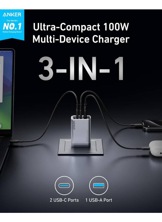 Prime Charger, 100W 3-Port GaN USB C Charger Block, Foldable and Compact for MacBook, iPad, iPhone 17/iPhone Series, Galaxy S24/S23, and More