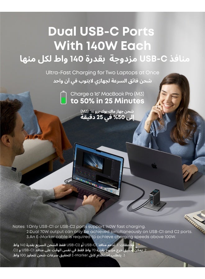 Anker 140W USB C Charger, Laptop Charger, 4-Port Multi-Device Fast Charging, Advanced GaN Power Adapter, Intuitive Touch Controls, Compatible with MacBook, iPhone 17 Series, Samsung, Pixel, and More (Dark Grey) Dark Grey