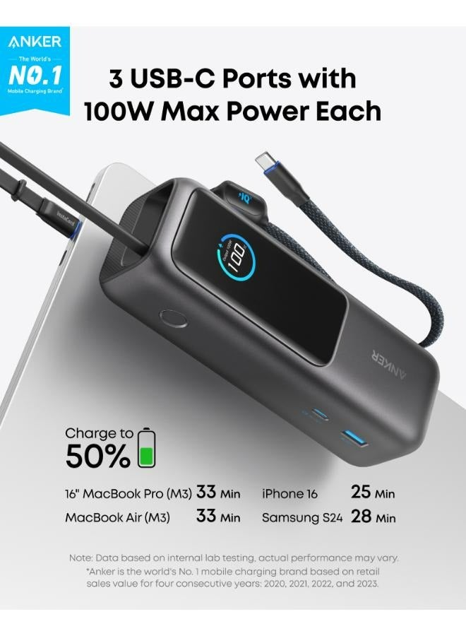 25000 mAh 25000 mAh Power Bank, 165W Ultra-Fast Portable Charger For Dual Laptops, Fast Charging Battery Pack With Built-In And Retractable Cables, For iPhone 16/15 Series, Samsung, And More Black
