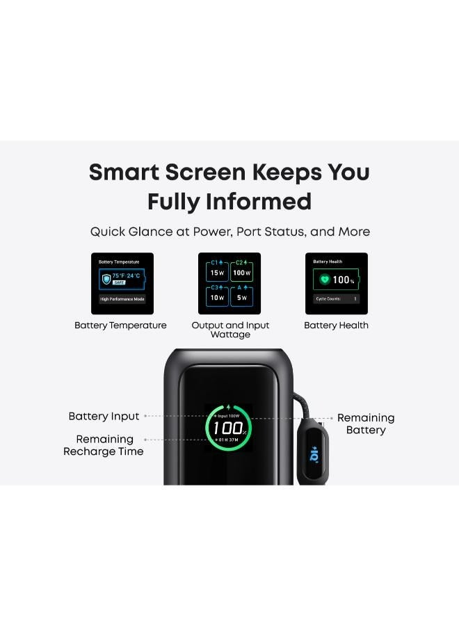 25000 mAh 25000 mAh Power Bank, 165W Ultra-Fast Portable Charger For Dual Laptops, Fast Charging Battery Pack With Built-In And Retractable Cables, For iPhone 16/15 Series, Samsung, And More Black