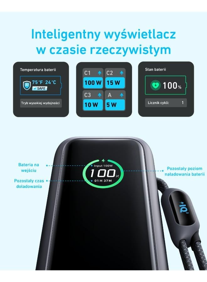 25000 mAh 25000 mAh Power Bank, 165W Ultra-Fast Portable Charger For Dual Laptops, Fast Charging Battery Pack With Built-In And Retractable Cables, For iPhone 16/15 Series, Samsung, And More Black
