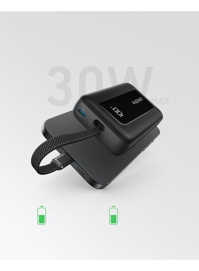 10000 mAh Zolo Power Bank, 30W High-Speed Portable Charger with Built-in USB-C Cable, Fast Charging Battery Pack for iPhone, MacBook, Galaxy, iPad, and More - Black