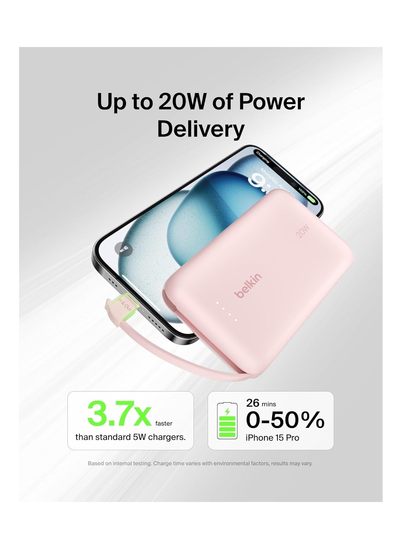 10000 mAh BoostCharge power bank 10000mAh, portable power bank with integrated cable PD 20W, fast charge USB-C power delivery, power bank fast charging for iPhone 16 series, iPad Pro, Galaxy S24 and more Pink