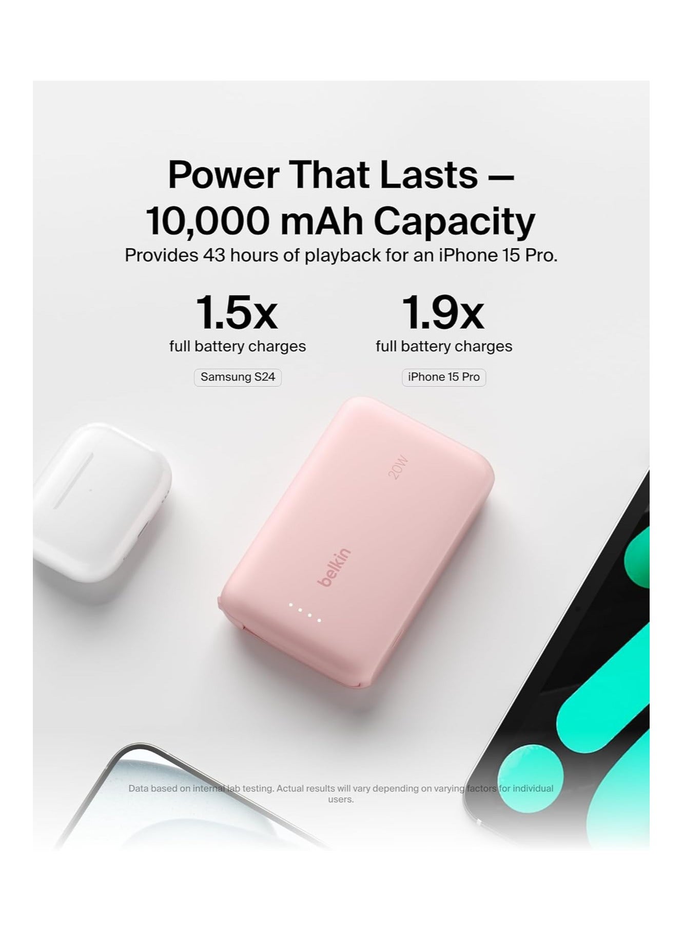 10000 mAh BoostCharge power bank 10000mAh, portable power bank with integrated cable PD 20W, fast charge USB-C power delivery, power bank fast charging for iPhone 16 series, iPad Pro, Galaxy S24 and more Pink