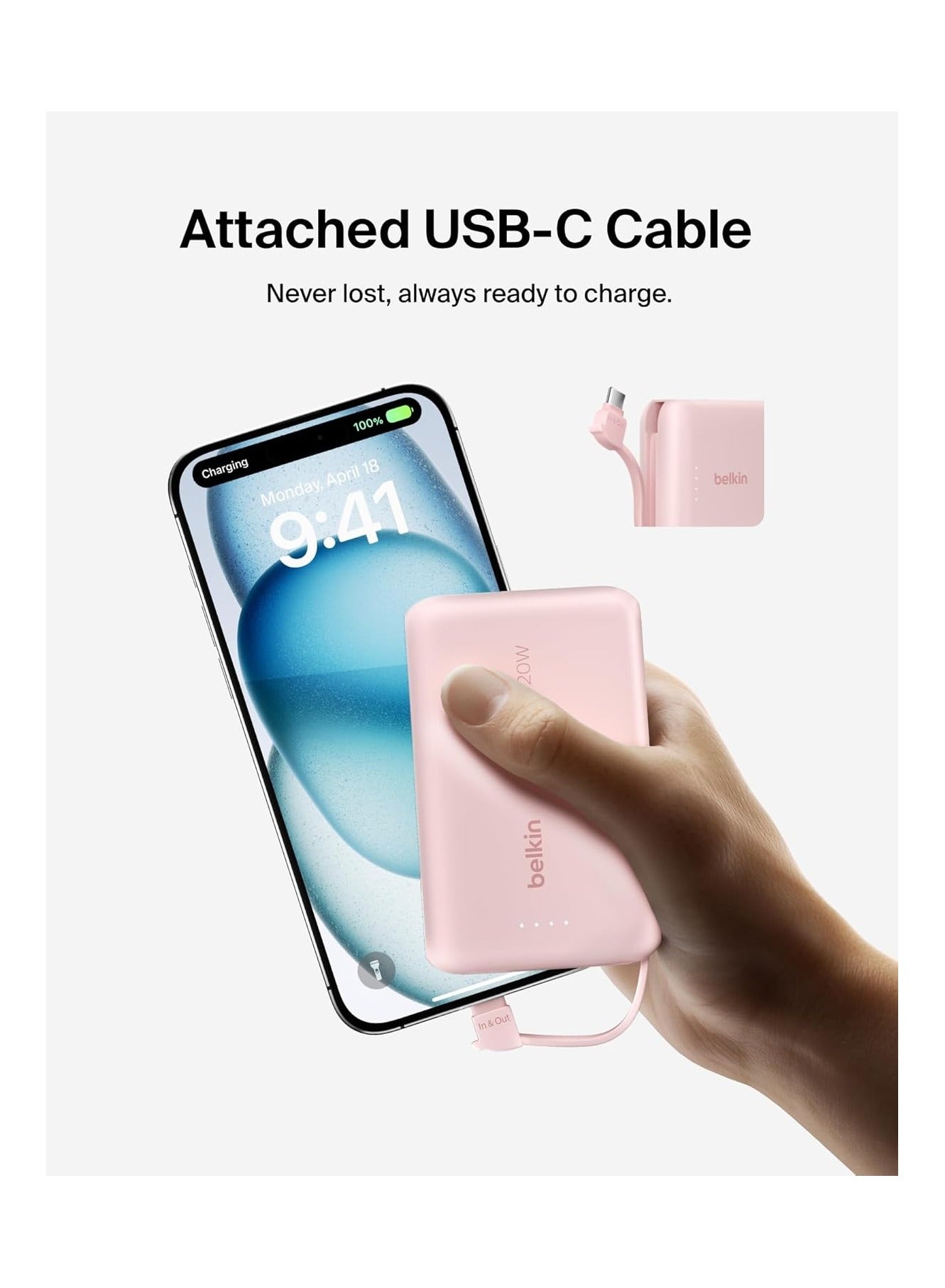 10000 mAh BoostCharge power bank 10000mAh, portable power bank with integrated cable PD 20W, fast charge USB-C power delivery, power bank fast charging for iPhone 16 series, iPad Pro, Galaxy S24 and more Pink