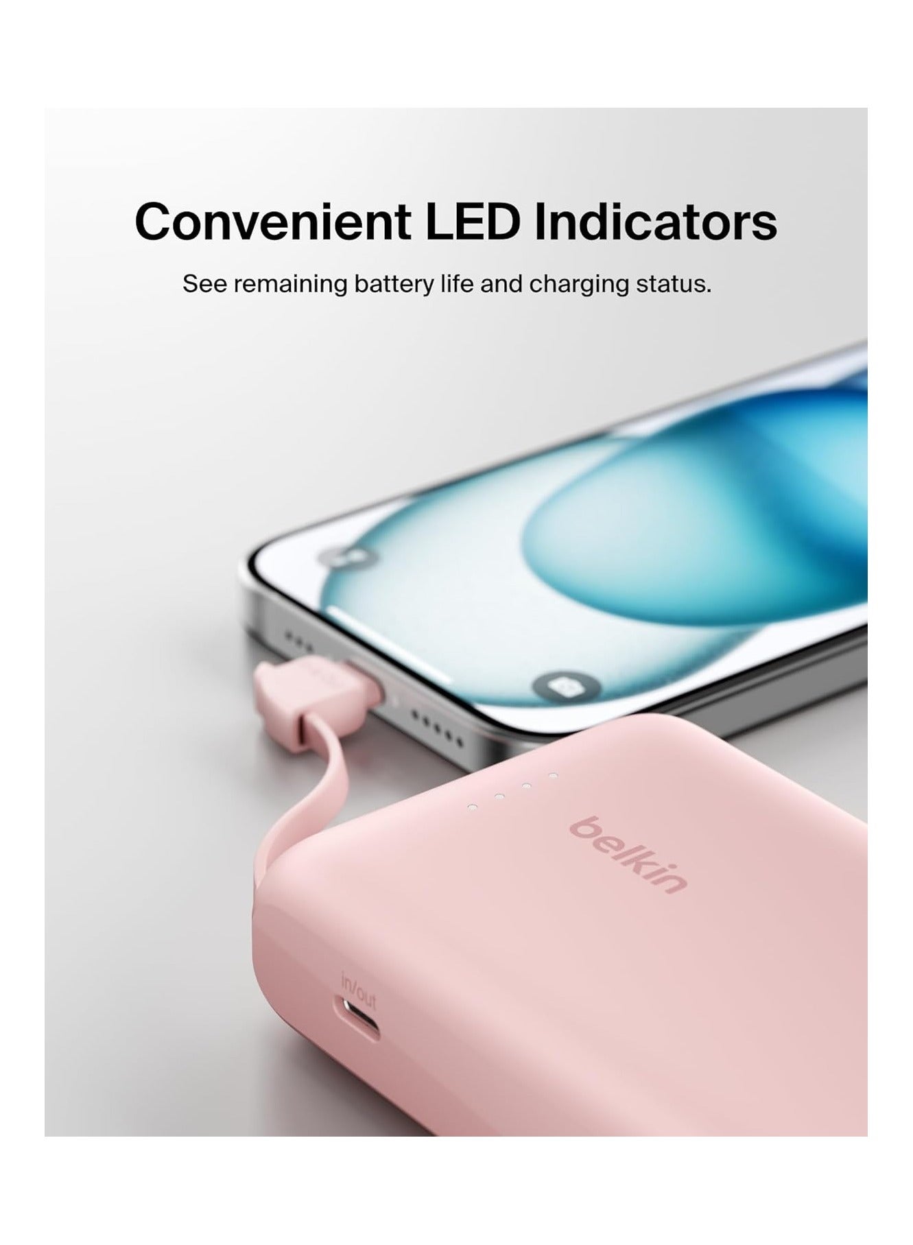 10000 mAh BoostCharge power bank 10000mAh, portable power bank with integrated cable PD 20W, fast charge USB-C power delivery, power bank fast charging for iPhone 16 series, iPad Pro, Galaxy S24 and more Pink