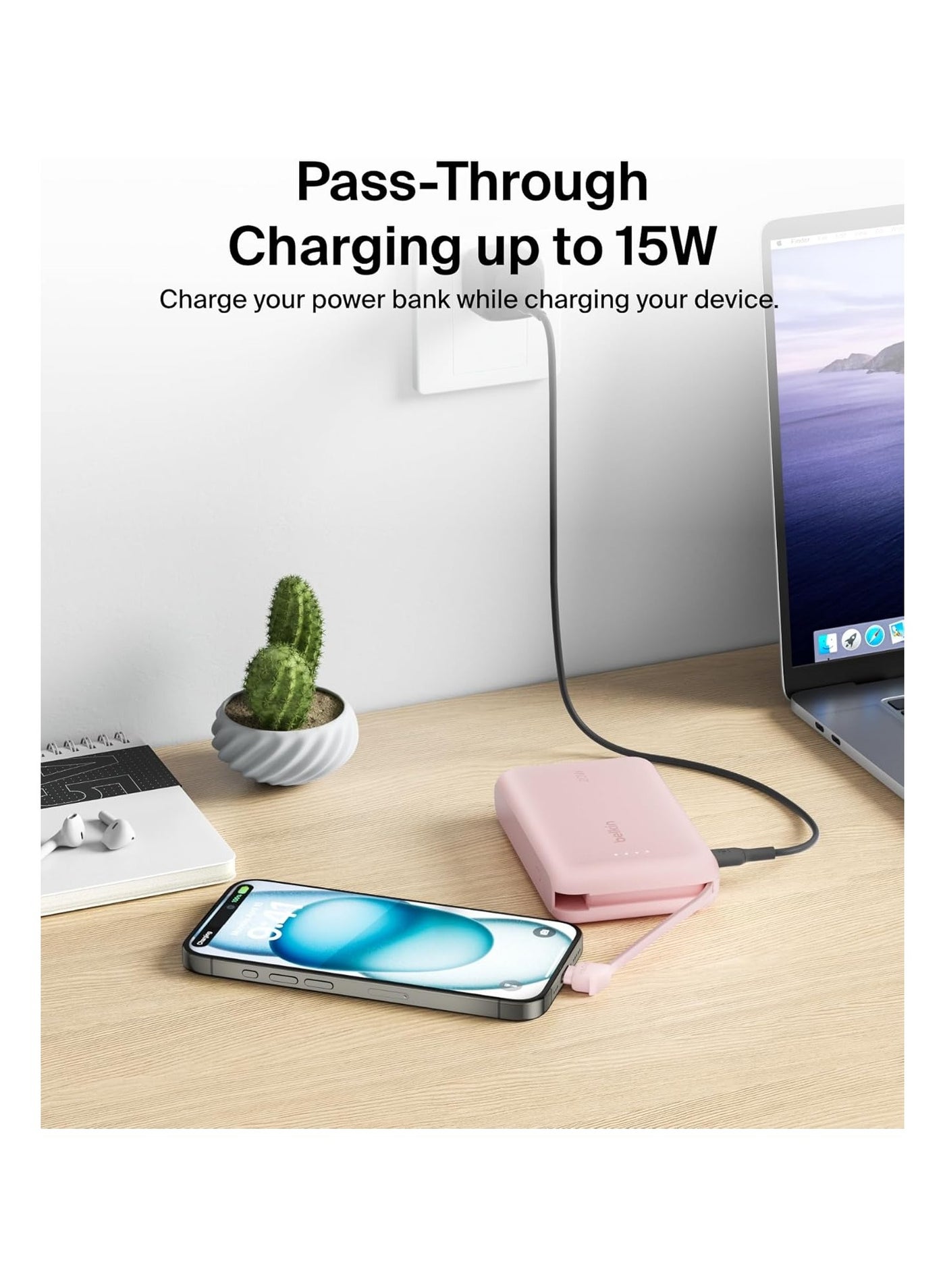 10000 mAh BoostCharge power bank 10000mAh, portable power bank with integrated cable PD 20W, fast charge USB-C power delivery, power bank fast charging for iPhone 16 series, iPad Pro, Galaxy S24 and more Pink