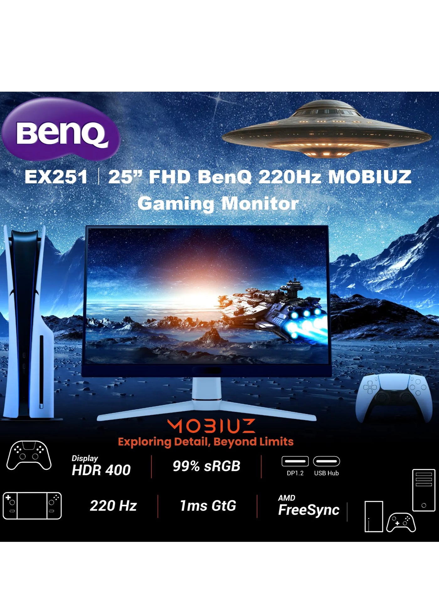 Gaming Monitor with AI 1ms Response Time, FHD, 220Hz Refresh Rate MOBIUZ, GTG, Display Port 1.2 HDMI 2.0 USB Hub 99% sRGB AMD Freesync AI Game Color Mode Game Color Database 2.5W Built-in Speakers - EX251 | 24.5 inch White/Blanc