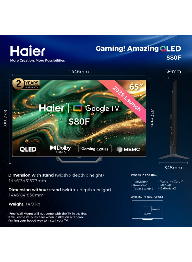 65 Inch 4K QLED Smart Google TV | Gaming@120 Hz | Dolby Vision & Atmos | MEMC/VRR/ALLM | 2+32GB RAM/ROM | Voice Control | HDR10 | Chromecast | HDMI 2.1 | Premium Bezel-Less Design - H65S80FUX Black S80FUX black