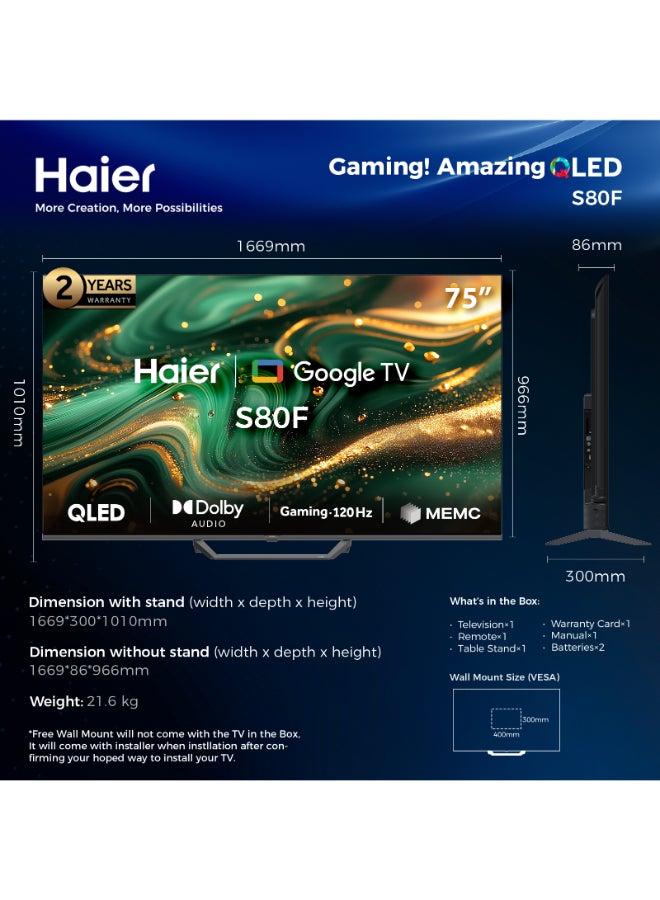 75 Inch 4K QLED Smart Google TV | Gaming@120 Hz | Dolby Vision & Atmos | MEMC/VRR/ALLM | 2+32GB RAM/ROM | Voice Control | HDR10 | Chromecast | HDMI 2.1 | Premium Bezel-Less Design - H75S80FUX Black S80FUX black