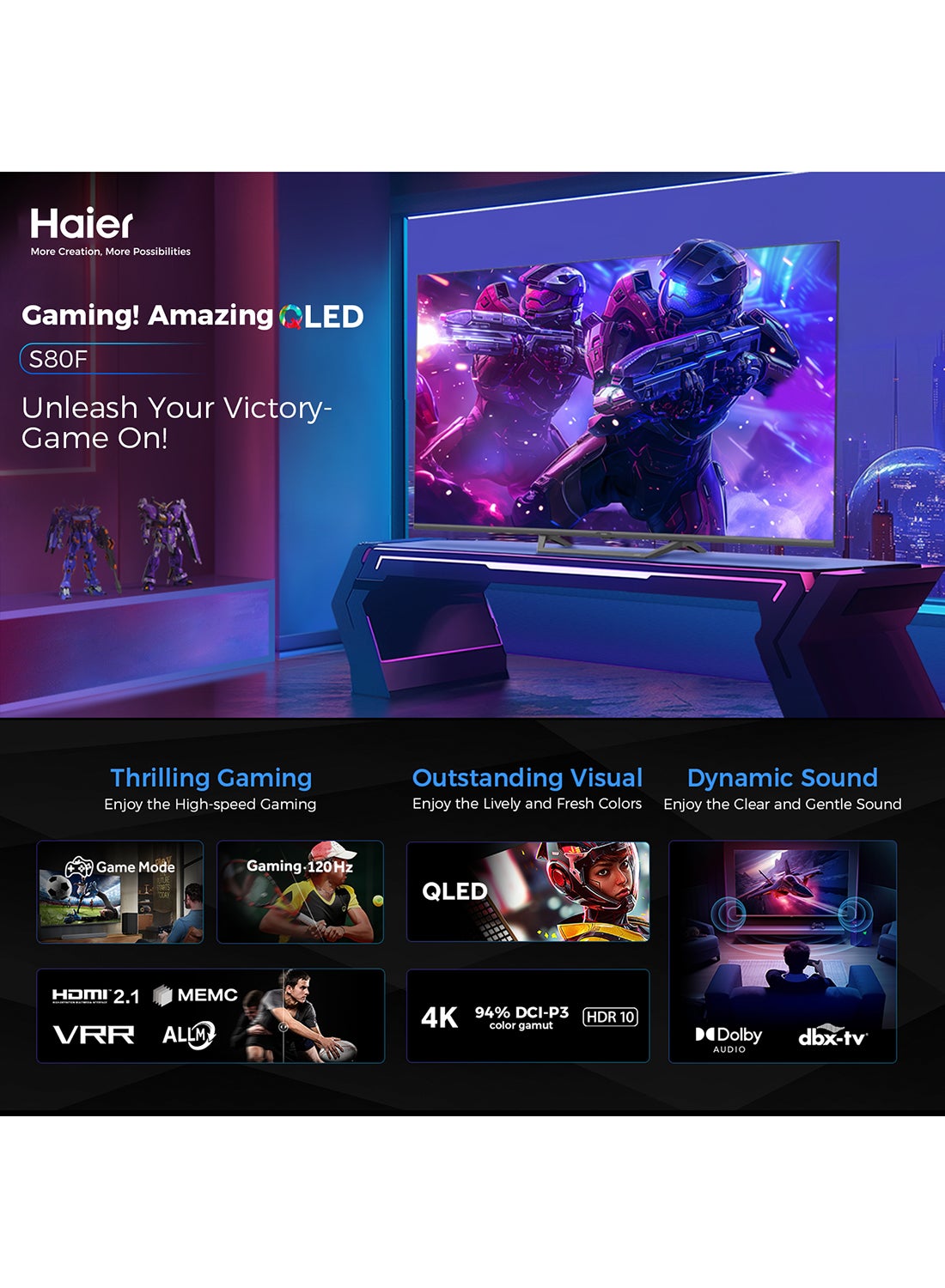 55 Inch 4K QLED Smart Google TV | Gaming@120 Hz | Dolby Audio | MEMC/VRR/ALLM | 2+32GB RAM/ROM | Voice Control | HDR10 | Chromecast | HDMI 2.1 | Premium Bezel-Less Design - H55S80FUX Black
