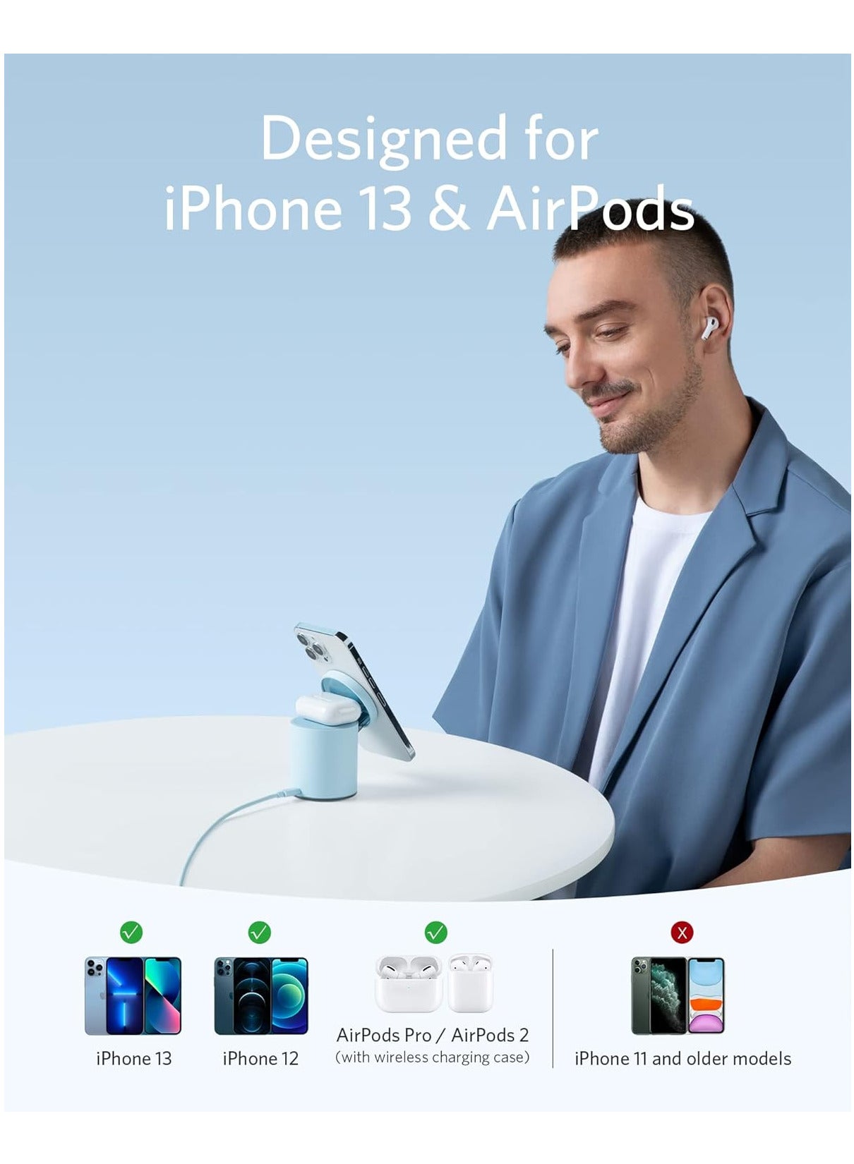Magnetic Wireless Charger (MagGo), 2 In 1 Wireless Charging Station With 7.5W with USB-C Charge + Cable blue