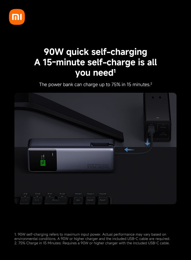 10000 mAh 165W Power Bank 10000mAh Ultra-fast charging Integrated USB-C Cable LED Display Gray