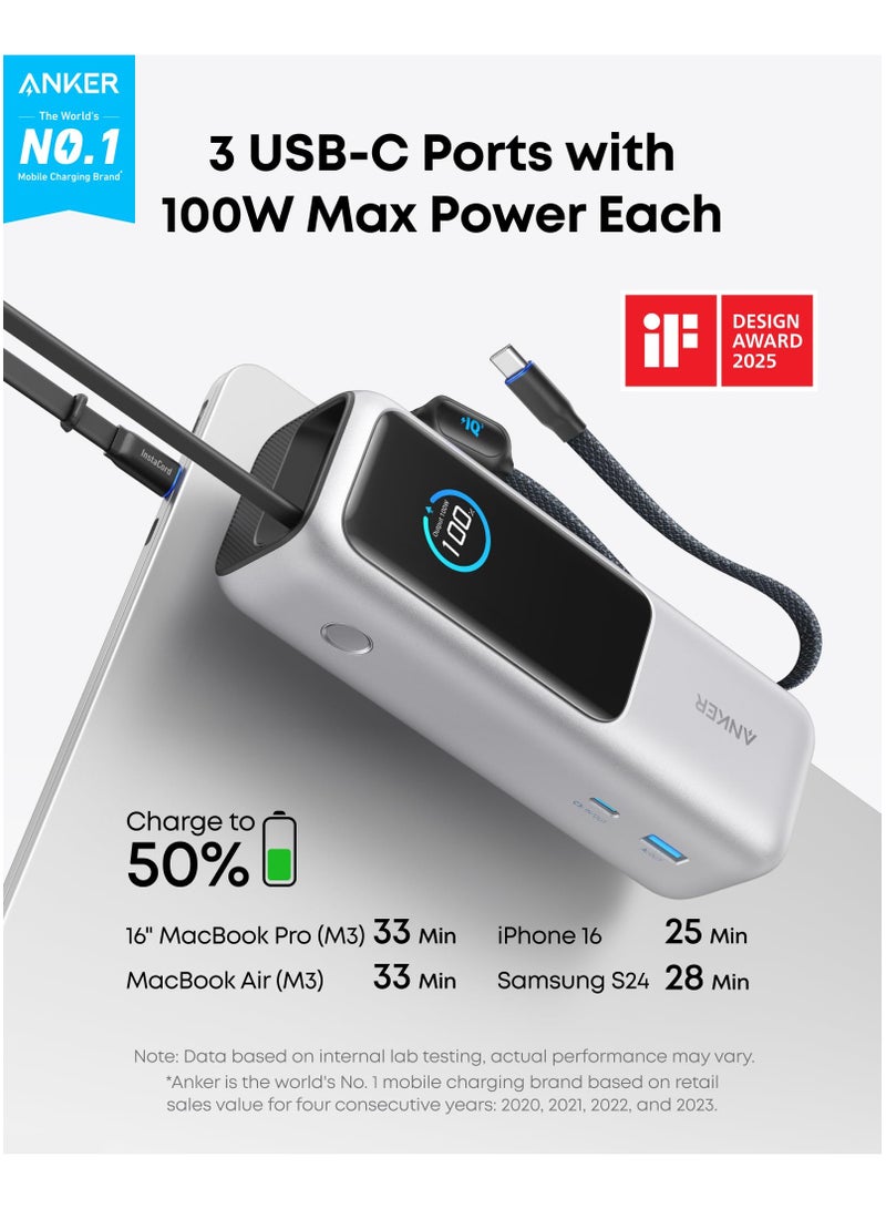 25000 mAh Power Bank, 25,000mAh 165W Ultra-Fast Portable Charger for Dual Laptops, Fast Charging Battery Pack with Built-In and Retractable Cables, For iPhone 17/16 Series, Samsung, and More Silver