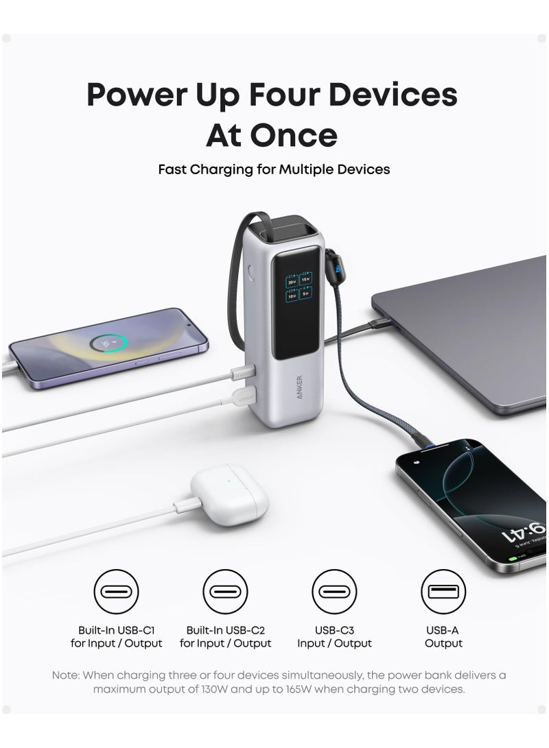 25000 mAh Power Bank, 25,000mAh 165W Ultra-Fast Portable Charger for Dual Laptops, Fast Charging Battery Pack with Built-In and Retractable Cables, For iPhone 17/16 Series, Samsung, and More Silver