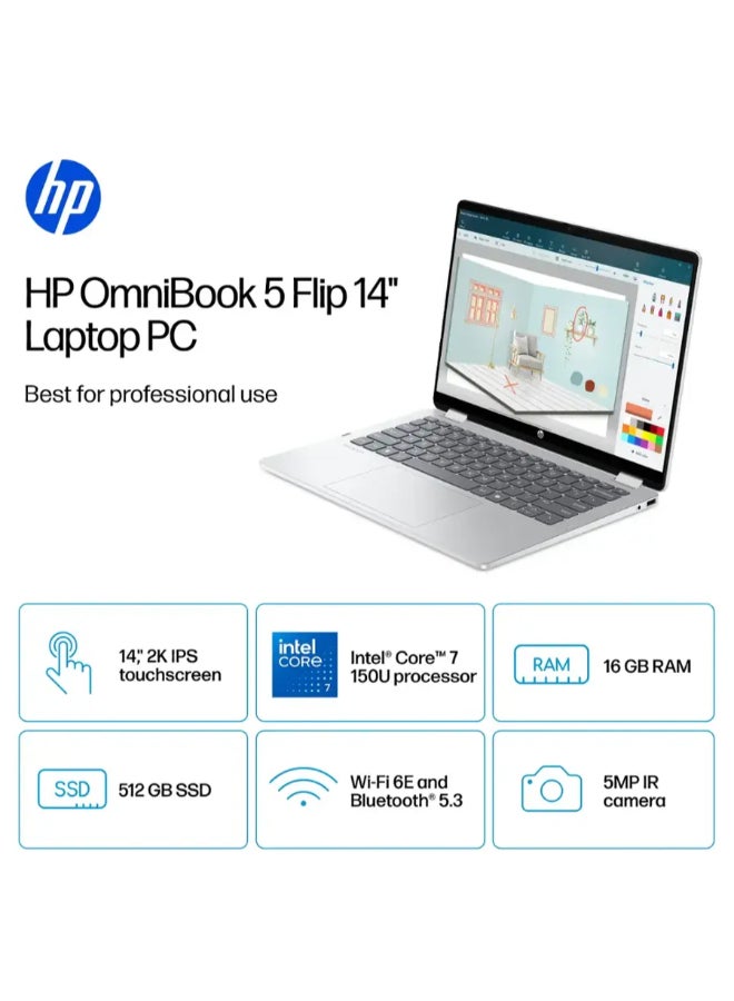 (Upgraded Version) OmniBook 5 Flip Personal Laptop With 14-Inch WUXGA Display, Core 7 150U Processor/16GB RAM/512GB SSD/Intel Arc Graphics/Windows 11 Home English Glacier Silver English Glacier Silver