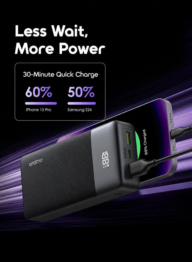 20000 mAh 20000mAh Large Capacity Power Bank Portable Charger – 22.5W Fast Charging With Cable, Two-Way Wired USB-C and USB-A ports Simultaneous Charging for Smartphones, Tablets, Gaming Devices, Bluetooth & More – Compact, Travel-Friendly, Slim fit, With Digital Display for On-the-Go Power Anywhere - OPB-7200Q Speed Black