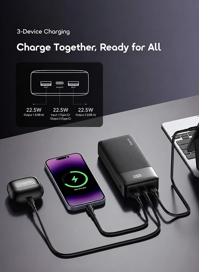 20000 mAh 20000mAh Large Capacity Power Bank Portable Charger – 22.5W Fast Charging With Cable, Two-Way Wired USB-C and USB-A ports Simultaneous Charging for Smartphones, Tablets, Gaming Devices, Bluetooth & More – Compact, Travel-Friendly, Slim fit, With Digital Display for On-the-Go Power Anywhere - OPB-7200Q Speed Black