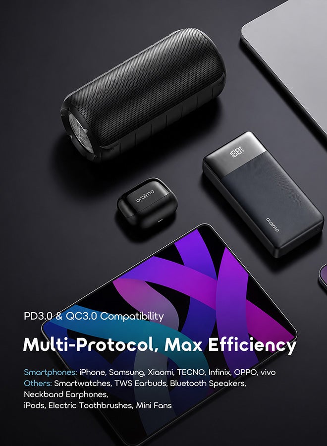 20000 mAh 20000mAh Large Capacity Power Bank Portable Charger – 22.5W Fast Charging With Cable, Two-Way Wired USB-C and USB-A ports Simultaneous Charging for Smartphones, Tablets, Gaming Devices, Bluetooth & More – Compact, Travel-Friendly, Slim fit, With Digital Display for On-the-Go Power Anywhere - OPB-7200Q Speed Black