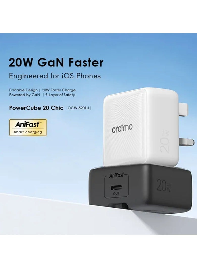 Wall Charger PowerCube 20 Chic USB-C Port 20W With USB-C Cable - Black