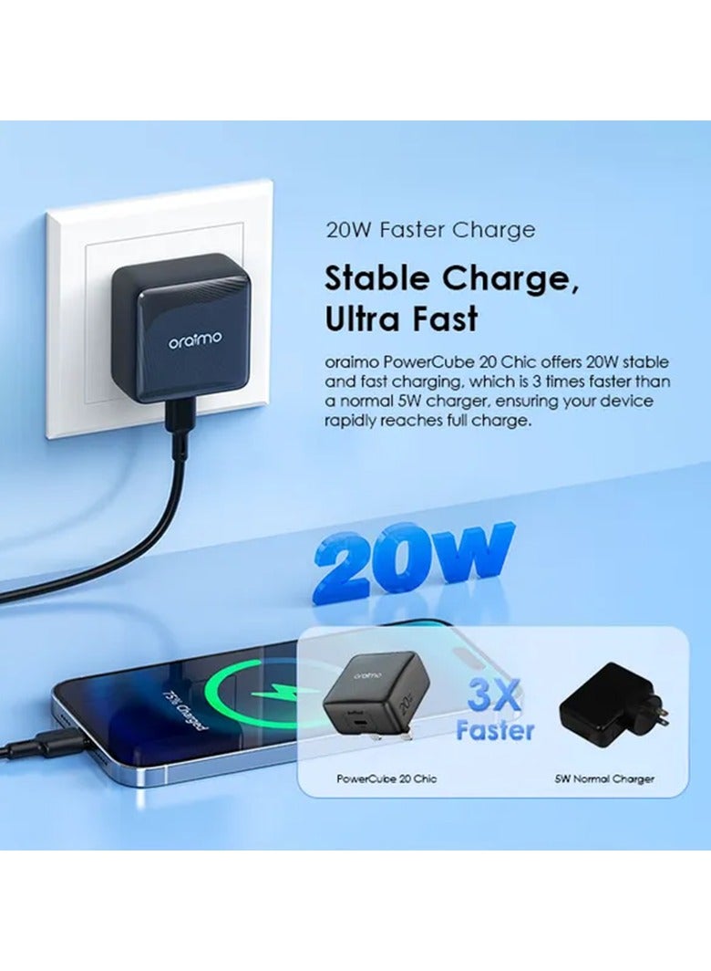 Wall Charger PowerCube 20 Chic USB-C Port 20W With USB-C Cable - Black