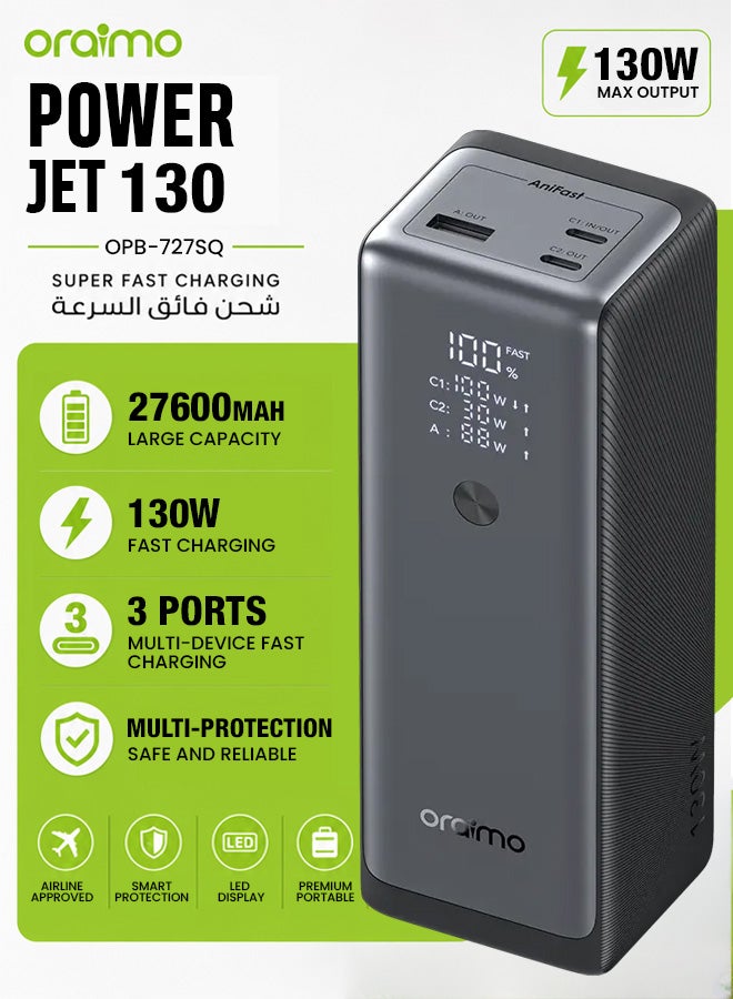 27600 mAh 27600mAh Large Capacity Power Bank, 130W Fast Charging, Portable Charger with USB-C1 (100W), USB-C2 (30W), and USB-A (22.5W), Smart TFT LCD Display, Input/Output Ports, Powers laptops and Phones simultaneously Portable Charger PowerJet130 Black