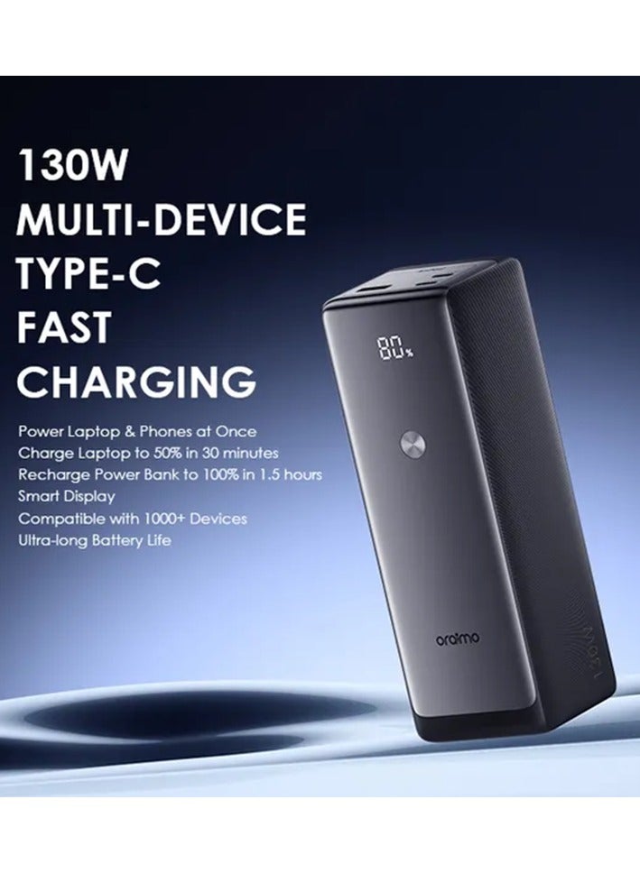 27600 mAh 27600mAh Large Capacity Power Bank, 130W Fast Charging, Portable Charger with USB-C1 (100W), USB-C2 (30W), and USB-A (22.5W), Smart TFT LCD Display, Input/Output Ports, Powers laptops and Phones simultaneously Portable Charger PowerJet130 Black