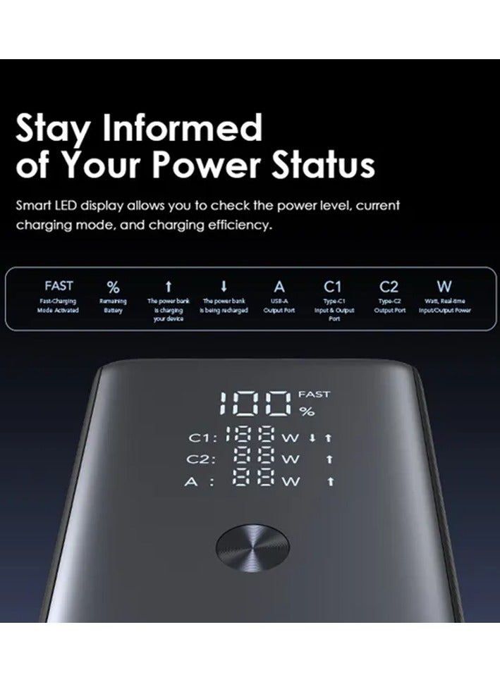 27600 mAh 27600mAh Large Capacity Power Bank, 130W Fast Charging, Portable Charger with USB-C1 (100W), USB-C2 (30W), and USB-A (22.5W), Smart TFT LCD Display, Input/Output Ports, Powers laptops and Phones simultaneously Portable Charger PowerJet130 Black
