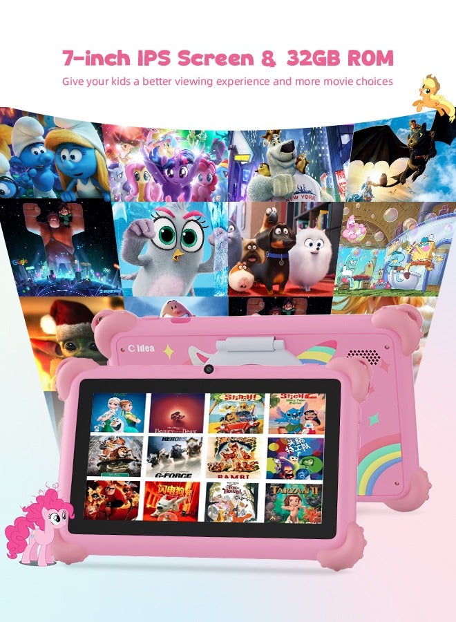 7-Inch Tablets for Kids with IWAWA Kids Learning App,Toddler Tablets Age 2-4 with 4GB RAM 32GB ROM,Safety Eye HD IPS Screen,Dual Camera,WiFi, BT - Pink