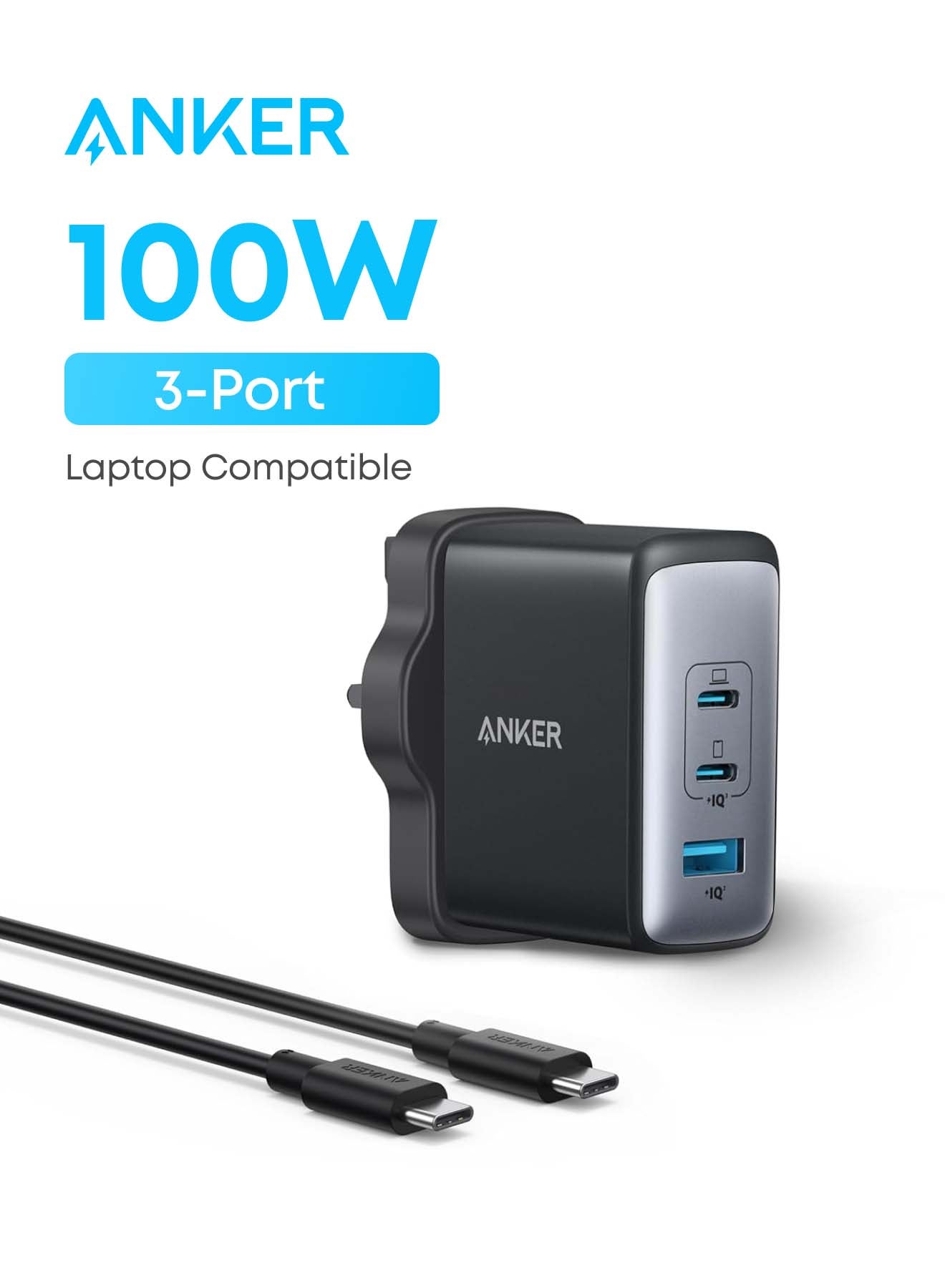 Anker USB C Plug, 100W USB C Charger, 736 Charger (Nano II 100W), 3-Port Fast Compact Wall Charger for MacBook Pro/Air, Google Pixelbook, ThinkPad, Dell XPS, iPad Pro, Galaxy S26/ S25/S24, iPhone 17/16/15 (Black) Black